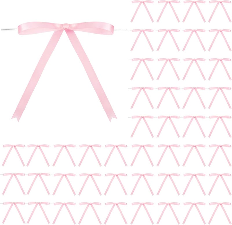 Riceshoot Store Pink 50 Pcs Stain Ribbon Bows 5x7 Inch Twist Tie Bows for Gift Wrapping Cake Treat Bags Craft DIY Gift Wedding Baby Shower Birthday Party Decorations - Image 1